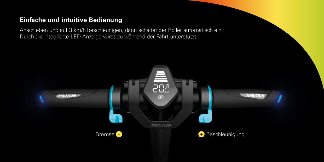 INMOTION E-Scooter L8F Einfache und intuitive Bedienung. Anschieben und auf 3 km/h beschleunigen, dann schaltet der Roller automatisch ein. Durch die integrierte LED-Anzeige wirst du während der Fahrt unterstützt.