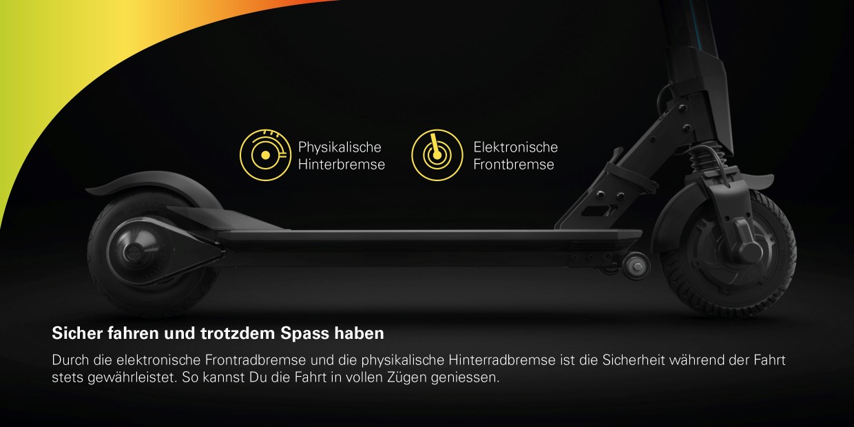 INMOTION E-Scooter L8F Sicher fahren und trotzdem Spass haben. Durch die elektronische Frontradbremse und die physikalische Hinterradbremse ist die Sicherheit während der Fahrt stets gewährleistet. So kannst Du die Fahrt in vollen Zügen geniessen.