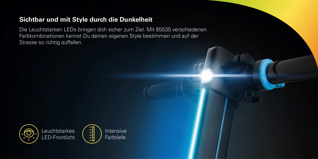 INMOTION E-Scooter L8F Sichtbar und mit Style durch die Dunkelheit. Die Leuchtstarken LEDs bringen dich sicher zum Ziel. Mit 65535 verschiedenen Farbkombinationen kannst Du deinen eigenen Style bestimmen und auf der Strasse so richtig auffallen.