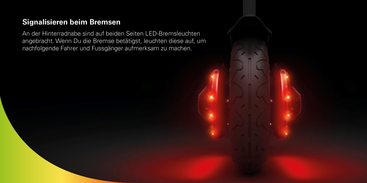 INMOTION E-Scooter L8F Signalisieren beim Bremsen. An der Hinterradnabe sind auf beiden Seiten LED-Bremsleuchten angebracht. Wenn Du die Bremse betätigst, leuchten diese auf, um nachfolgende Fahrer und Fussgänger aufmerksam zu machen.