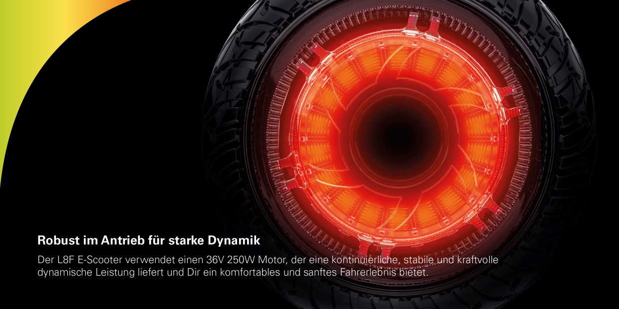 INMOTION E-Scooter L8F Robust im Antrieb für starke Dynamik. Der L8F E-Scooter verwendet einen 36V 250W Motor, der eine kontinuierliche, stabile und kraftvolle dynamische Leistung liefert und Dir ein komfortables und sanftes Fahrerlebnis bietet.