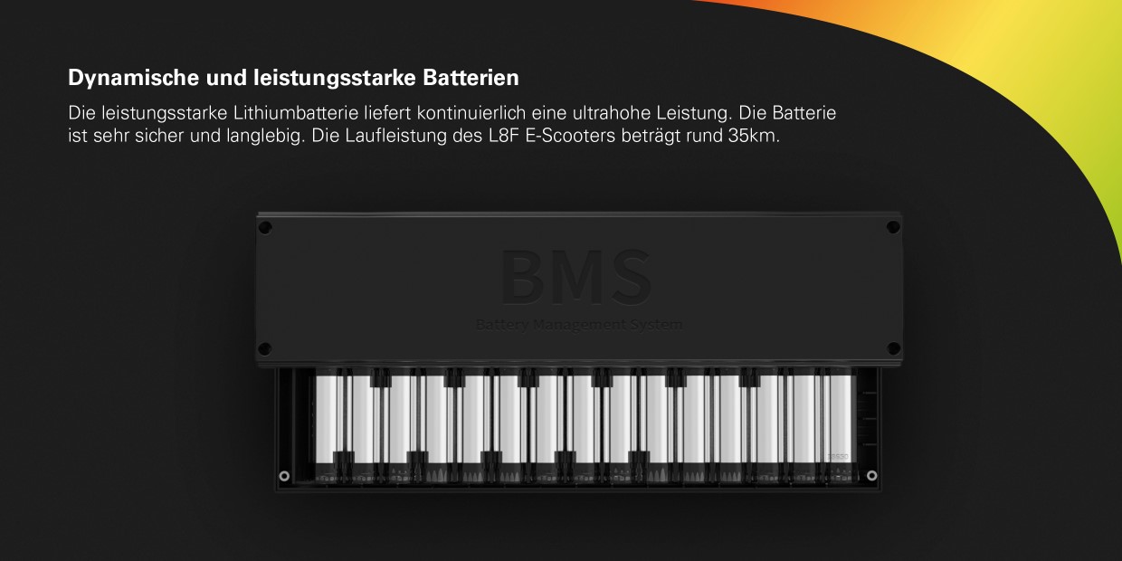 INMOTION E-Scooter L8F Dynamische und leistungsstarke Batterien. Die leistungsstarke Lithiumbatterie liefert kontinuierlich eine ultrahohe Leistung. Die Batterie ist sehr sicher und langlebig. Die Laufleistung des L8F E-Scooters beträgt rund 35km.