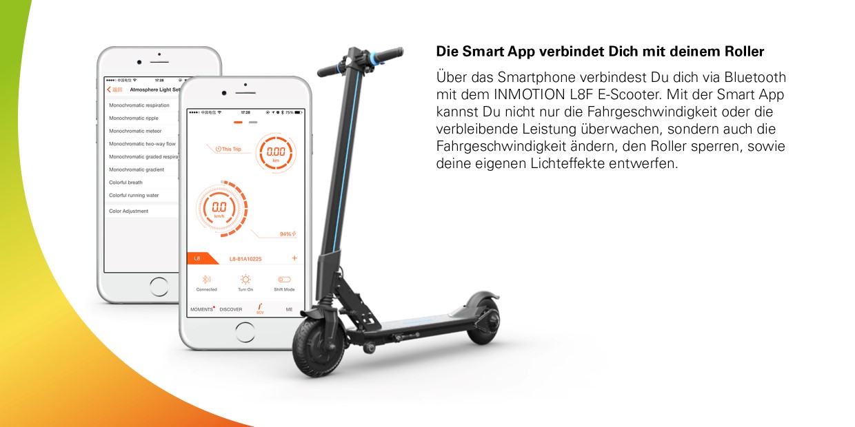 INMOTION E-Scooter L8F Komfortabel durch den Alltag. Dank einer intelligenten Klappvorrichtung findest du immer Platz für deinen Scooter. Der faltbare Griff und die unterstützenden Räder geben dir beim Transport den nötigen Komfort.
