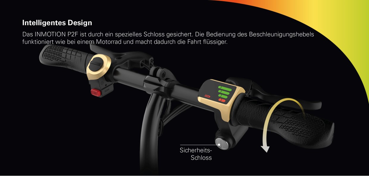 INMOTION E-Bike P2F Intelligentes Design. Das INMOTION P2F ist durch ein spezielles Schloss gesichert. Die Bedienung des Beschleunigungshebels funktioniert wie bei einem Motorrad und macht dadurch die Fahrt flüssiger.