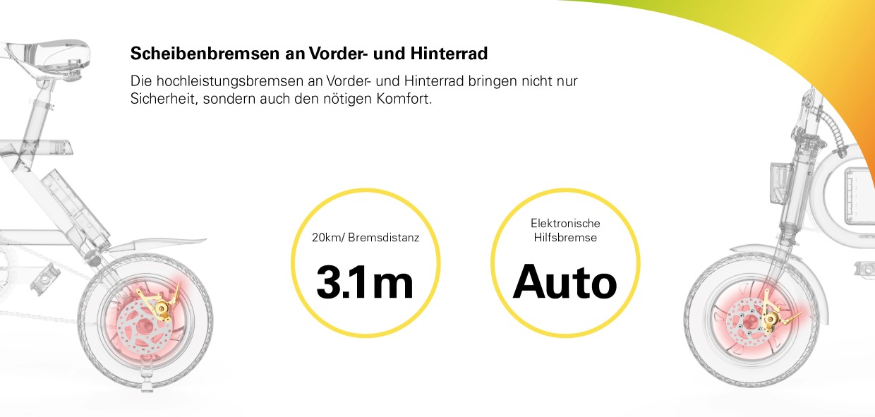 INMOTION E-Bike P2F Scheibenbremsen an Vorder- und Hinterrad Die hochleistungsbremsen an Vorder- und Hinterrad bringen nicht nur Sicherheit, sondern auch den nötigen Komfort.