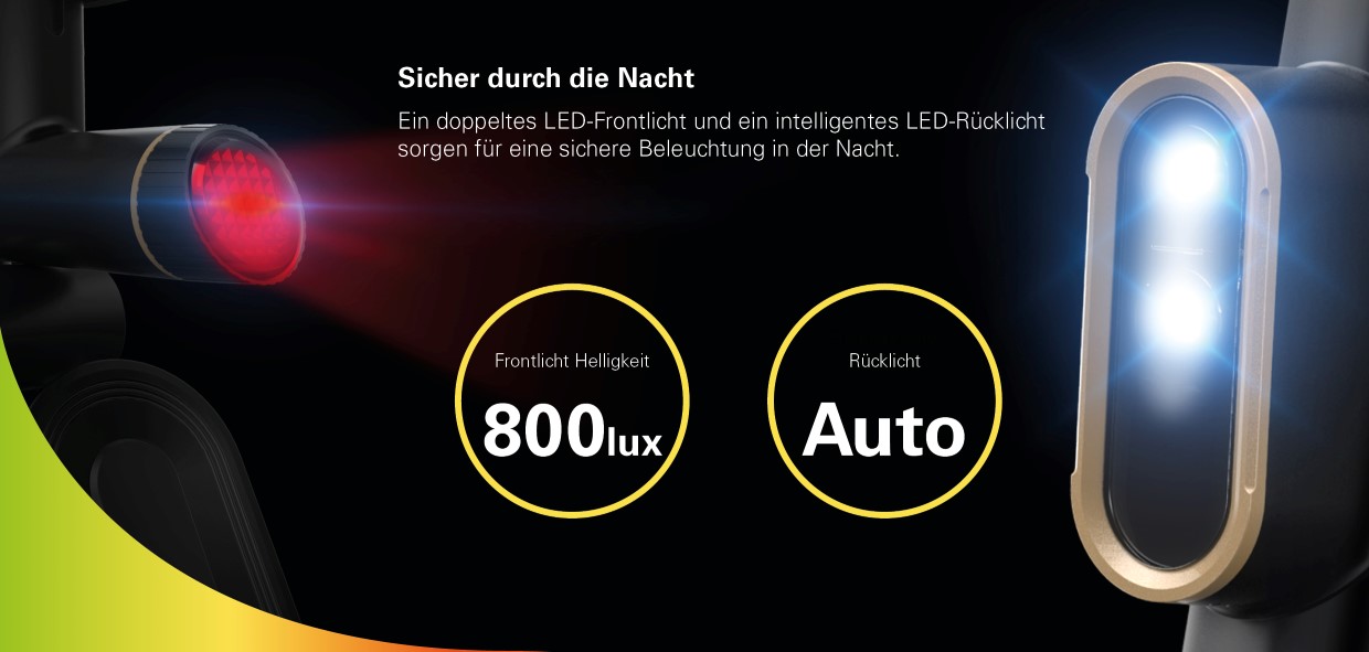 INMOTION E-Bike P2F Sicher durch die Nacht. Ein doppeltes LED-Frontlicht und ein intelligentes LED-Rücklicht sorgen für eine sichere Beleuchtung in der Nacht.