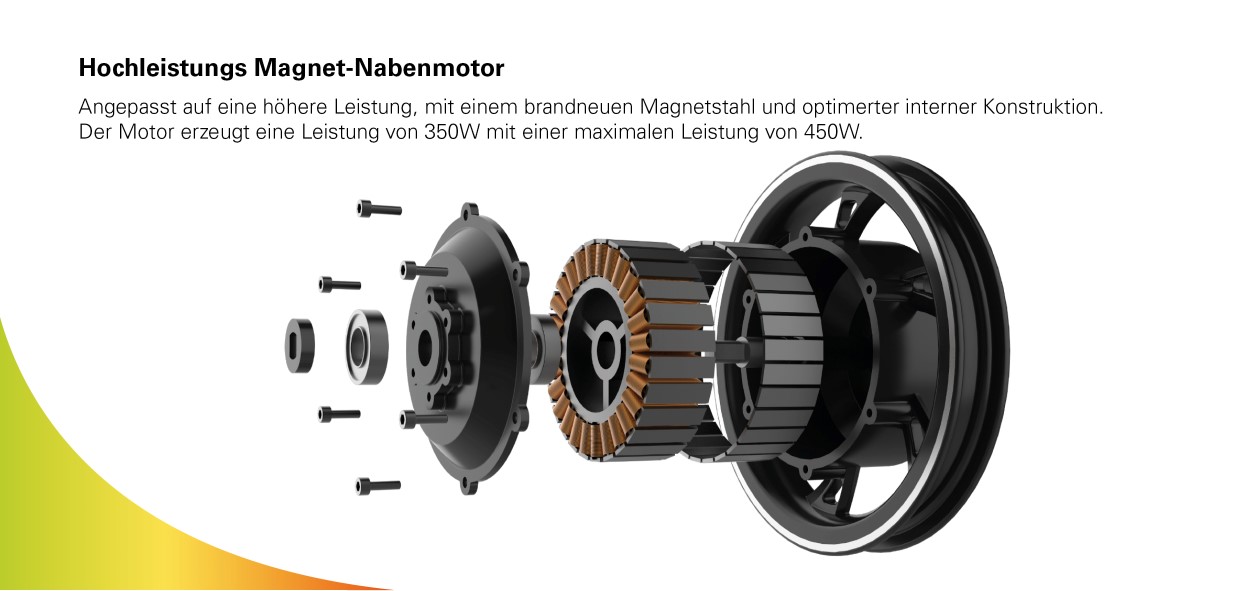 INMOTION E-Bike P2F Hochleistungs Magnet-Nabenmotor. Angepasst auf eine höhere Leistung, mit einem brandneuen Magnetstahl und optimerter interner Konstruktion. Der Motor erzeugt eine Leistung von 350W mit einer maximalen Leistung von 450W.